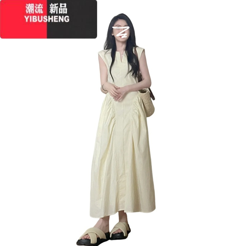 YIBUSHENG小个子法式无袖连衣裙子女装2024年新款季海边度假气质收腰长裙