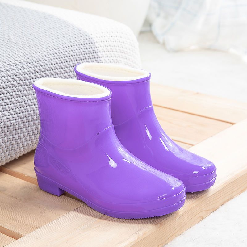 女士短筒雨鞋加绒保暖短筒成人雨鞋防滑厨房清洁胶鞋劳工雨靴紫色单鞋