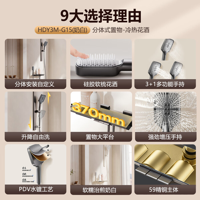 惠达（HUIDA）-G15卫浴淋浴花洒家用卫生间浴室出租房公寓小户型简约简易花洒无顶喷 [奶白恒温]3琴键精铜大置物高清大图