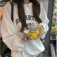 加绒宽松休闲卫衣女秋冬外套古着圆领长袖打底衫上衣韩国女装_946 M 白色