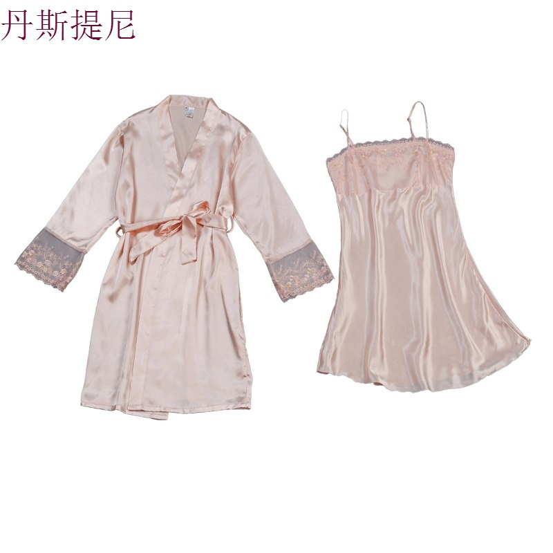 睡裙女春秋韩版长袖甜美可爱睡袍两件套睡衣女夏冰丝绸性感带裙