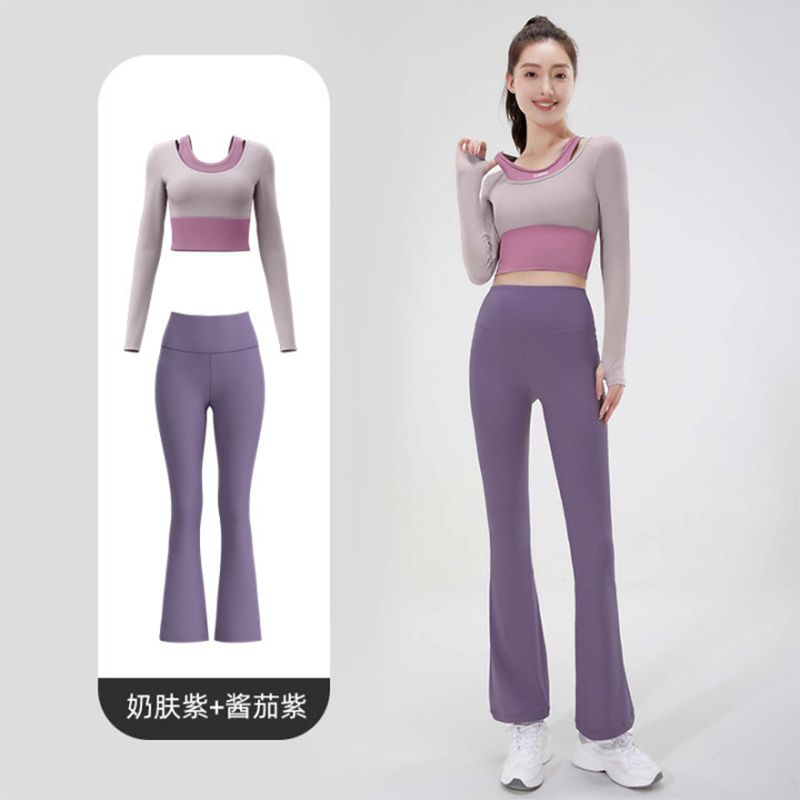 班蒂纳速干无缝瑜伽套装纯色露脐外套喇叭裤套装高腰提臀运动健身套装女JPTK222
