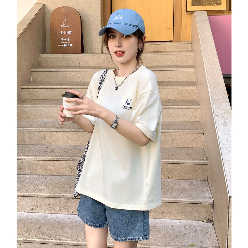 [1.5折价38元]唐狮熊猫印花圆领短袖T恤女新款夏季宽松纯棉上衣女甜美