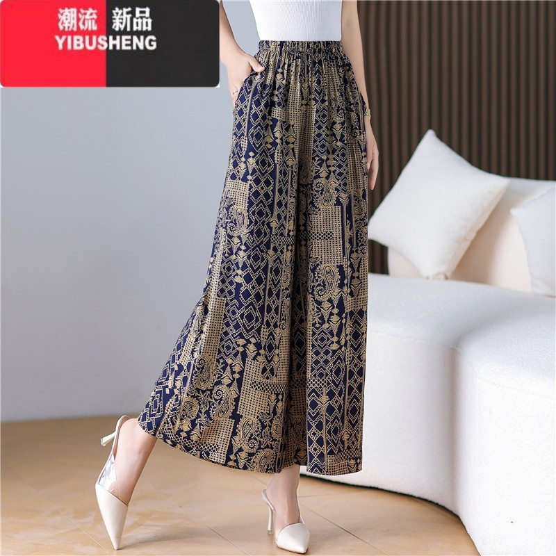 YIBUSHENG阔腿裤女季薄款绸裙裤大码显瘦中老年妈妈九分裤休闲长裤子高清大图