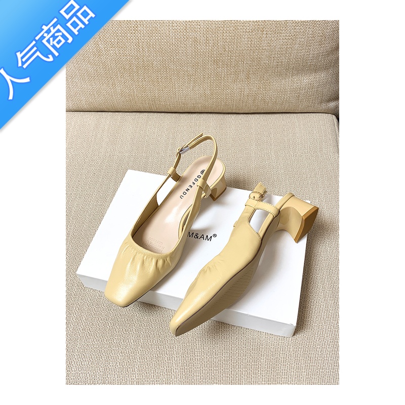 SUNTEK包头凉鞋女粗跟2023新款方头中跟镂空单鞋软皮一字带扣夏季高跟鞋高清大图