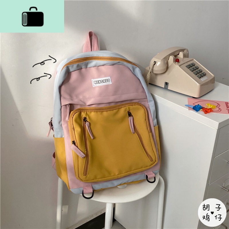ins日系原宿街头机能工装双肩包男港风复古旅行背包少女学生书包NEW LAKE 马卡龙黄粉拼色