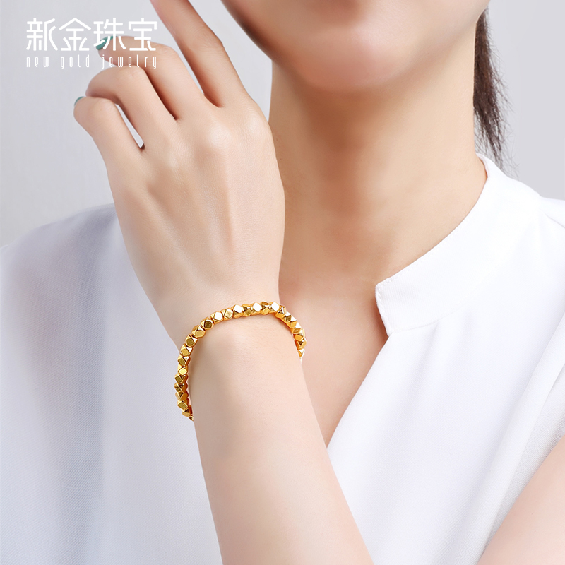 新金珠宝999黄金5d硬金多面方糖方珠手串足金手链手饰女士