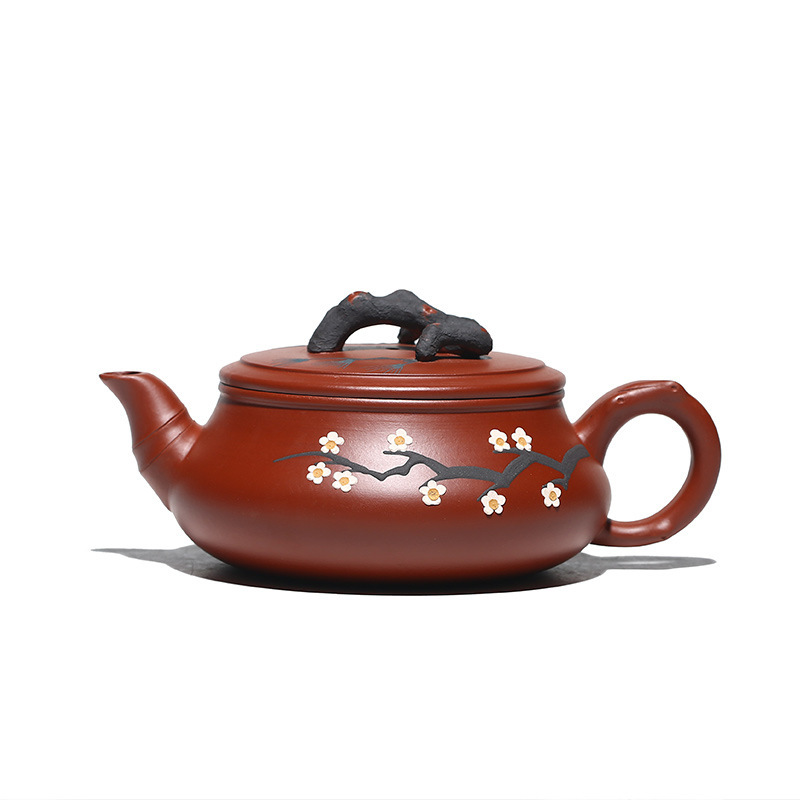 宜兴紫砂壶原矿大红袍松梅扁鼓壶泥绘工艺厂家直销王国望泡茶壶