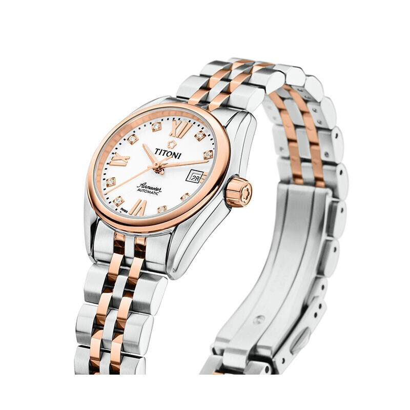 titoni瑞士梅花手表空中霸王系列自动机械表女表钢带表23909srg063