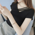 短袖T恤女夏季韩版新款女式ins学生V领上衣女装 XL 黑色
