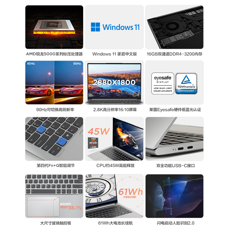 联想(Lenovo)小新Pro14标压锐龙版14英寸全面屏轻薄本笔记本电脑(6核R5-5600H 16G 512G 2.8K 90Hz 低蓝光 护眼)银