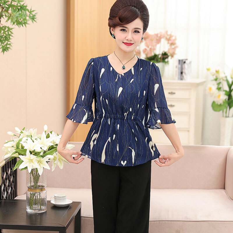 2018新款中老年妈妈夏季雪纺两件套装中年女装气质上衣服夏装短袖