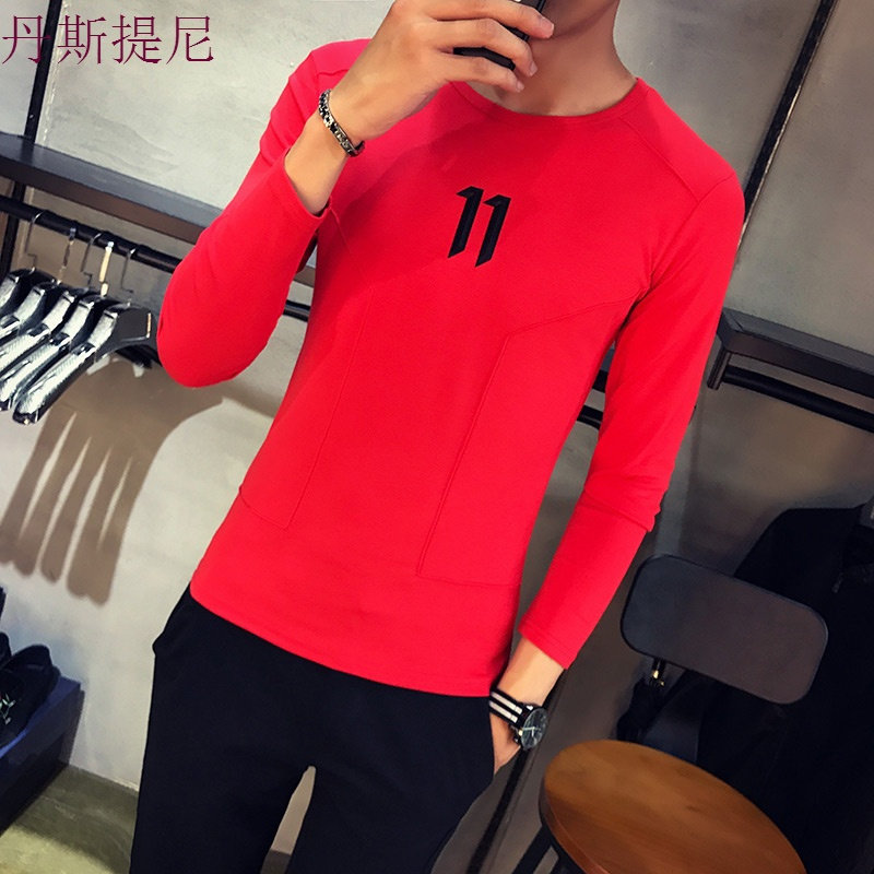 秋季男士长袖T恤韩版圆领打底衫字母印花潮学生衣服男装秋装上衣
