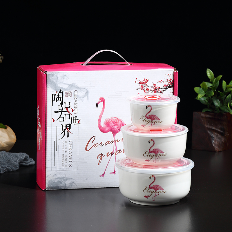 陶瓷保鲜碗三件套装家用便当盒