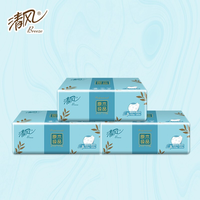 清风原木纯品3层四叶草压花100抽抽取式家用面巾纸 24包 BR40AQ