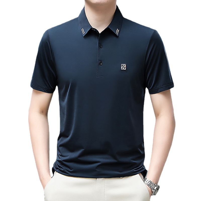 男士t恤纯色短袖翻领polo衫男冰丝速干薄款中年男装夏季打底衫高清大图