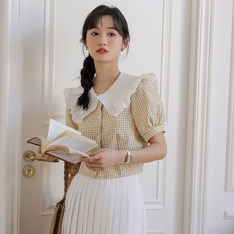 2022夏季新款减龄文艺娃娃领拼接格子百搭搭短袖衬衫女图片