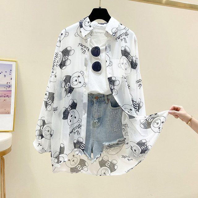 防晒衣女2021夏季韩版卡通印花开衫宽松大码女装长袖外搭雪纺衬衫