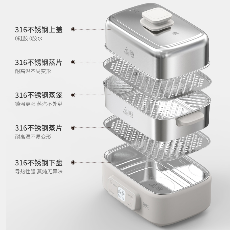 利仁DZG-D1890新品小钢人316不锈钢电蒸锅炖蒸煮一体多功能锅3层18L大容量电热锅家用0涂层多用途锅高清大图