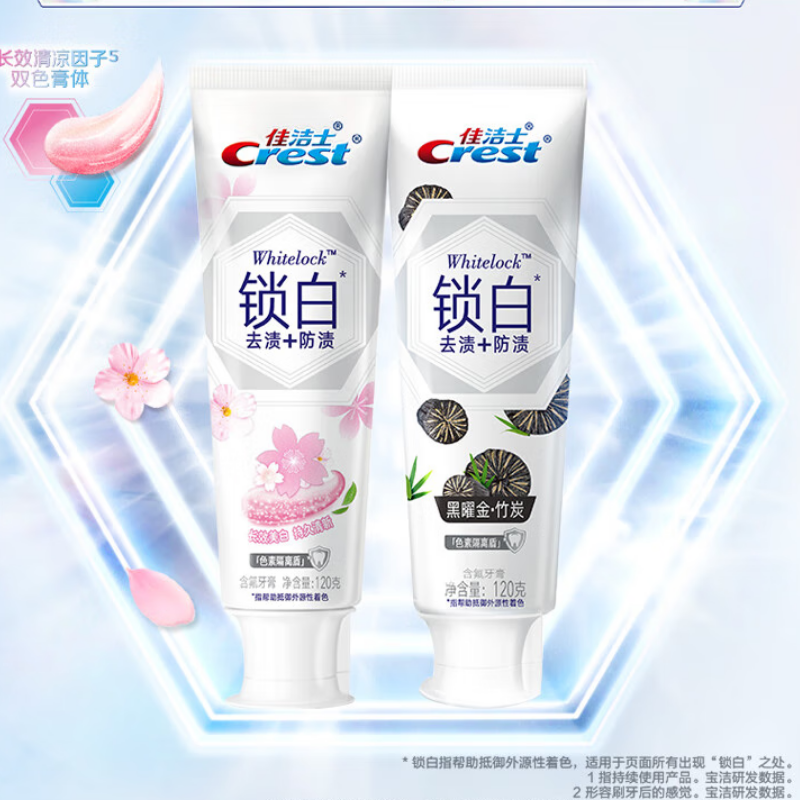 佳洁士锁白牙膏美白去黄去牙渍清新口气樱花120g+竹炭120g高清大图