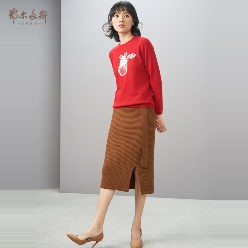 鄂尔多斯1980 圆领生肖鼠图案提花女羊绒衫针织衫