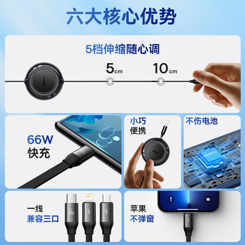 倍思数据线三合一充电线6A快充66W伸缩一拖三Type-C 适用苹果14/13小米华为mate70小米手机车载高清大图