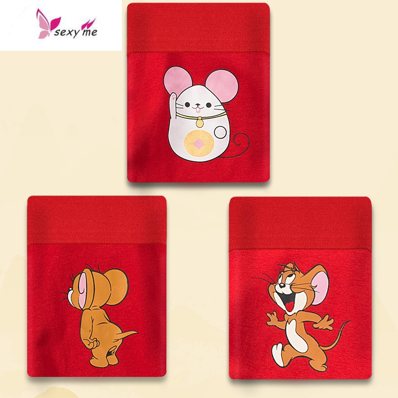 本命年大红色属老鼠男士内裤平角裤棉四角裤头卡通个性裤衩fishbasket