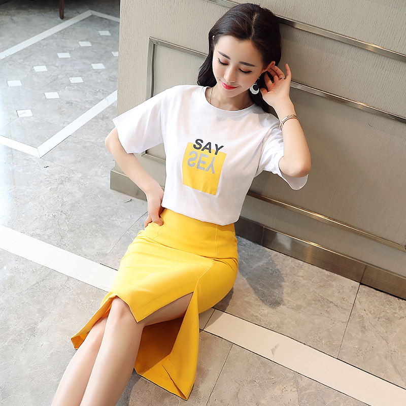时尚气质字母印花套装裙女女士夏甜美俏皮开叉包臂裙半身裙两件套