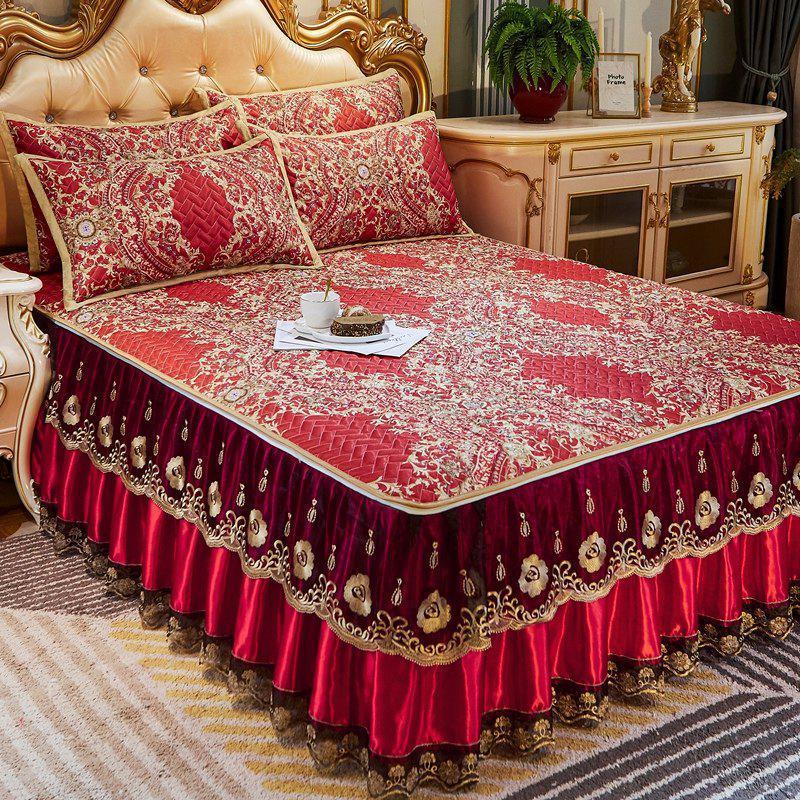 家柏饰(CORATED)夏季床裙冰丝凉席三件套空调软席1.8m可水洗可折叠1.5米夹棉席子 红火漫天（HN）（1200D+可脱卸床裙） 1.5m（5英尺）床