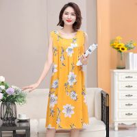 睡裙女夏中老年棉绸大码无袖家居连衣裙妈妈装时尚宽松中长款睡衣 花色5 新款睡裙 XL [90-110斤]
