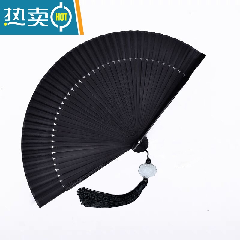 XIANCAI扇子折扇纸古风中国风蕾丝小巧黑色竹骨扇夏天女便携jk折叠蹦迪扇 神秘纯黑色21cm+大流苏