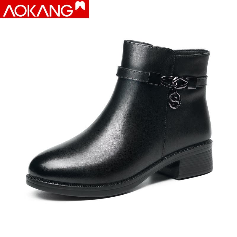 奥康女鞋秋冬季时尚短筒侧拉链女棉鞋圆头加绒保暖中跟短靴女图片