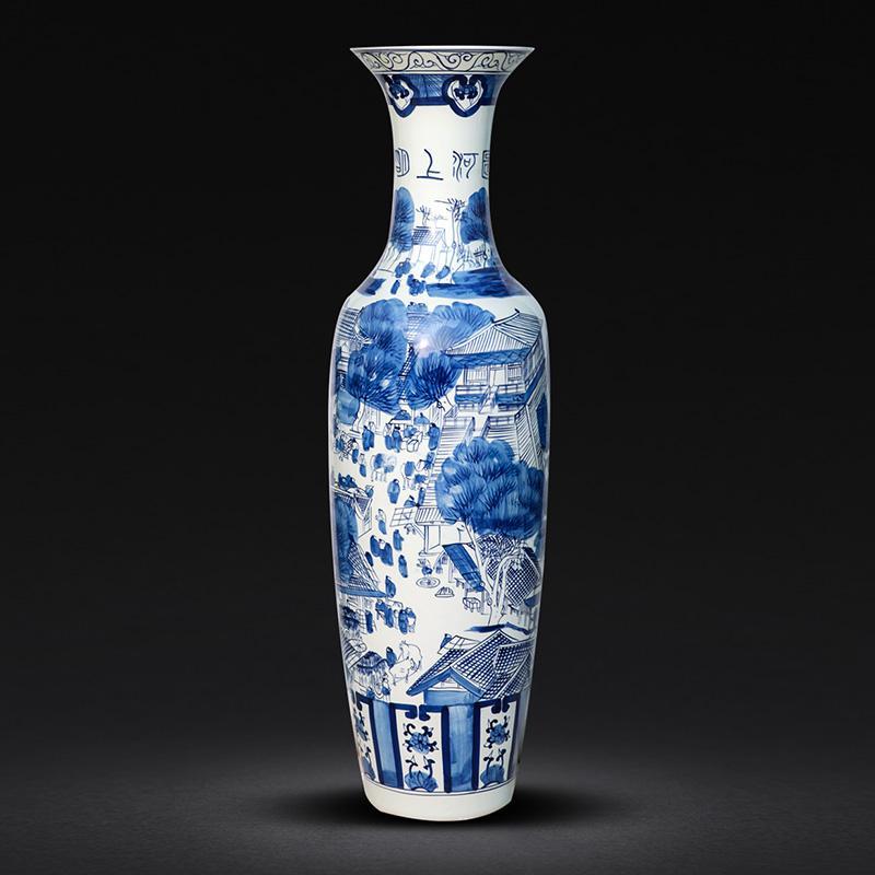 景德镇陶瓷器落地大花瓶 青花瓷手绘清明上河图摆件客厅装饰酒店 三维工匠 2米贴花款一个