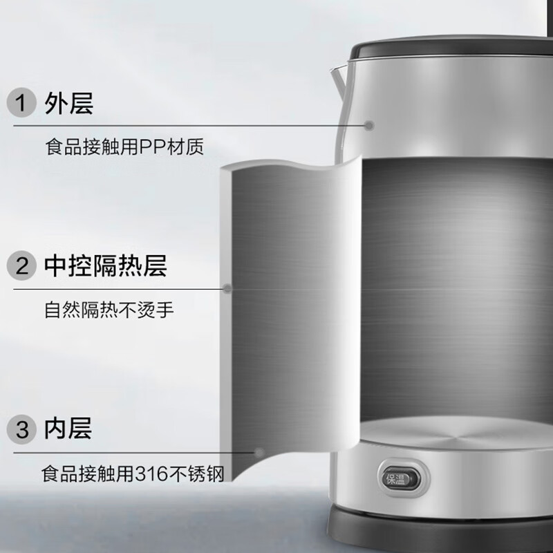 美的(Midea)电水壶 MK-HP1706双层壶身1.7升防烫316母婴级不锈钢无缝内胆一键55度(线下同款)高清大图
