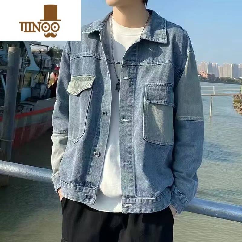 YANXU2023秋季拼接撞色牛仔外套男士潮牌宽松百搭潮流翻领工装休闲上衣高清大图