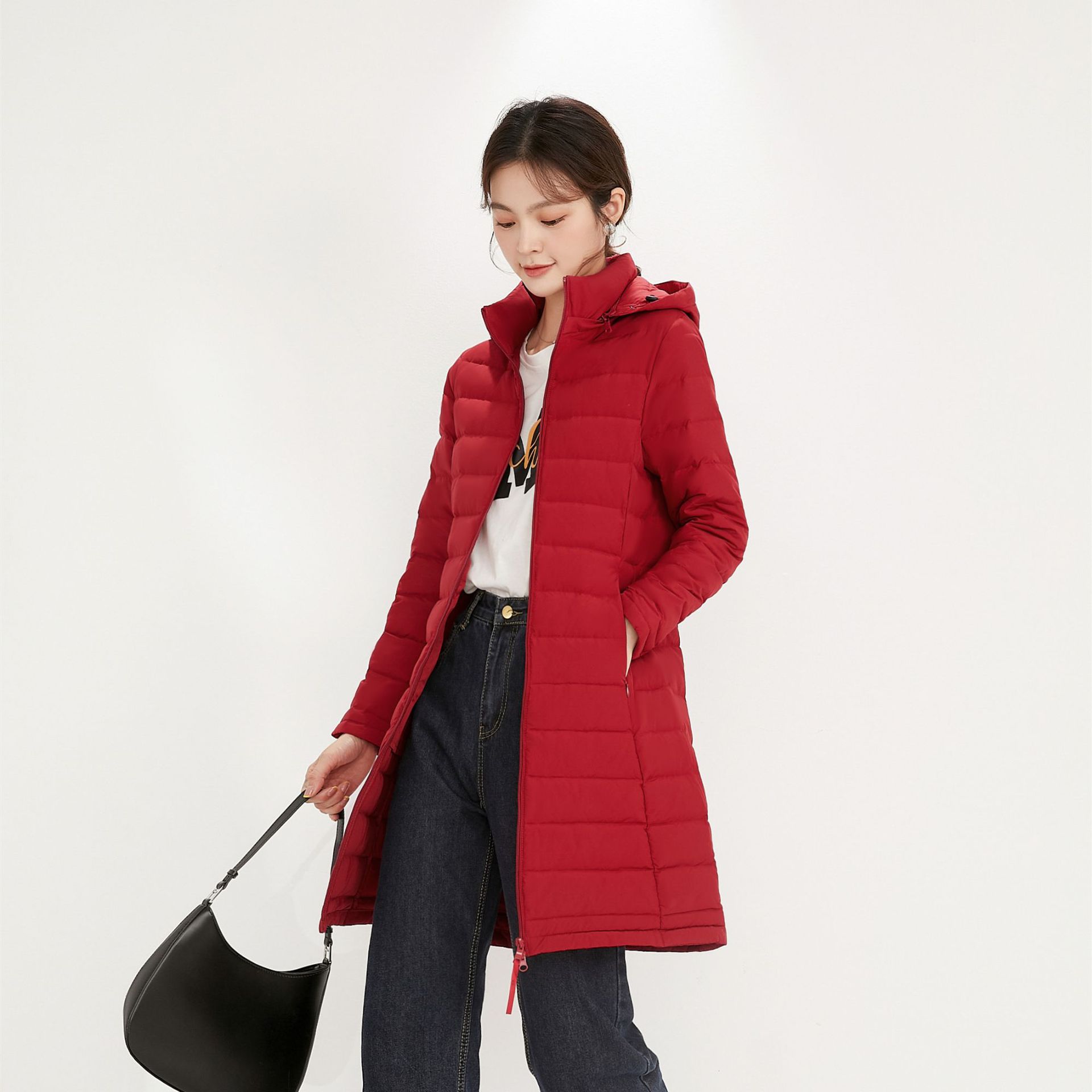 新款女式90绒纯色女装连帽带帽无缝羽绒服中长款大码外套_751031高清大图