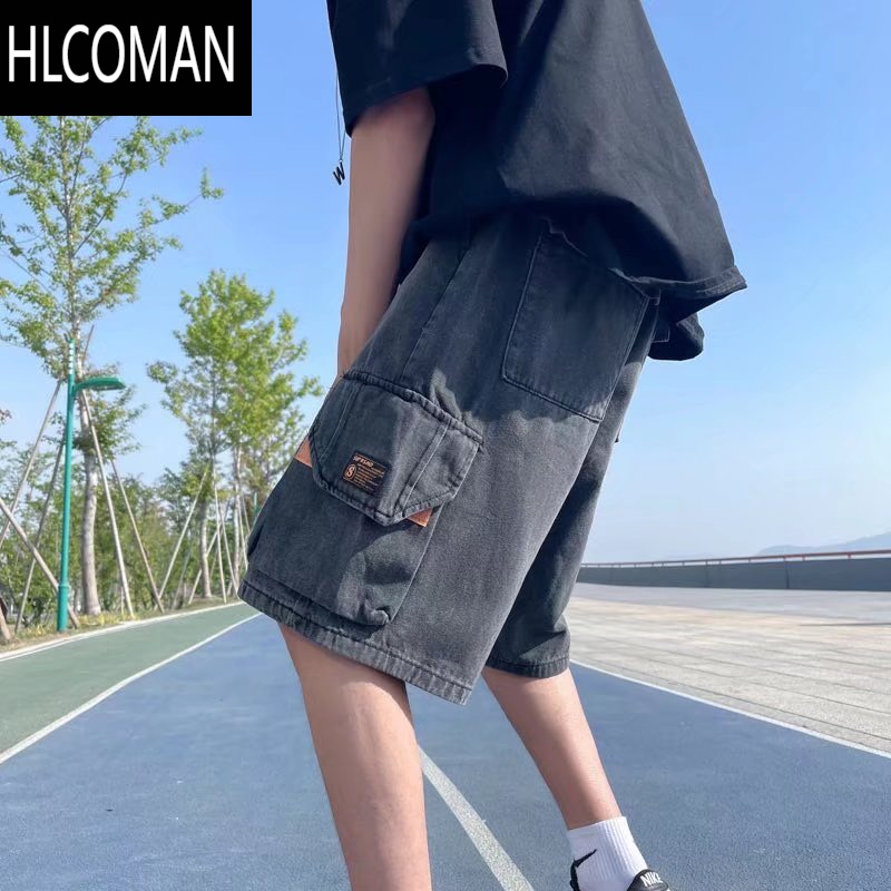HLCOMAN复古水洗牛仔短裤男夏季潮牌嘻哈宽松五分裤多口袋松紧腰工装中裤高清大图