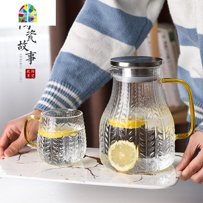 封后玻璃冷水壶水杯可高温家用北欧创意麦穗纹凉白开水壶套装 FENGHO 秋泊壶1500ml+麦穗圆杯420ml*2凉水壶