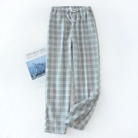 夏季睡裤男士纯棉薄款长款长裤格子棉纱裤夏天全棉家居服裤空调裤
