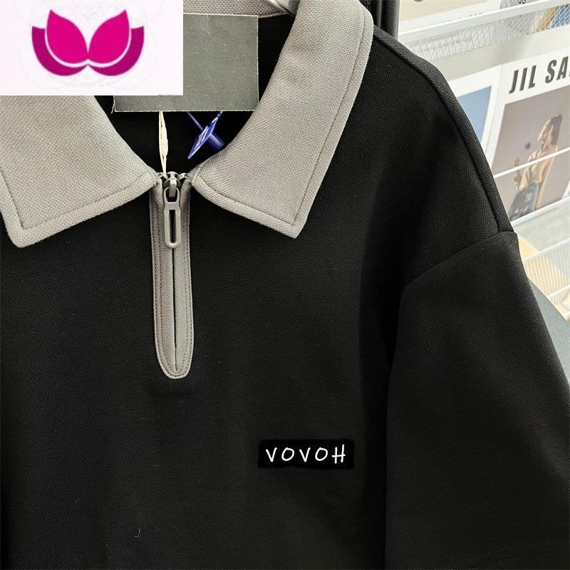 七斓国潮ins港风复古撞色拉链短袖t恤男女夏季宽松街头美式polo衫上衣图片