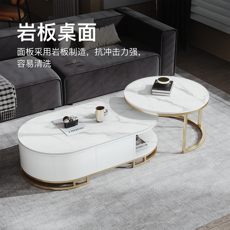 可伸缩现代茶几简约客厅圆形茶桌符象小户型轻奢创意大理石组合小桌子