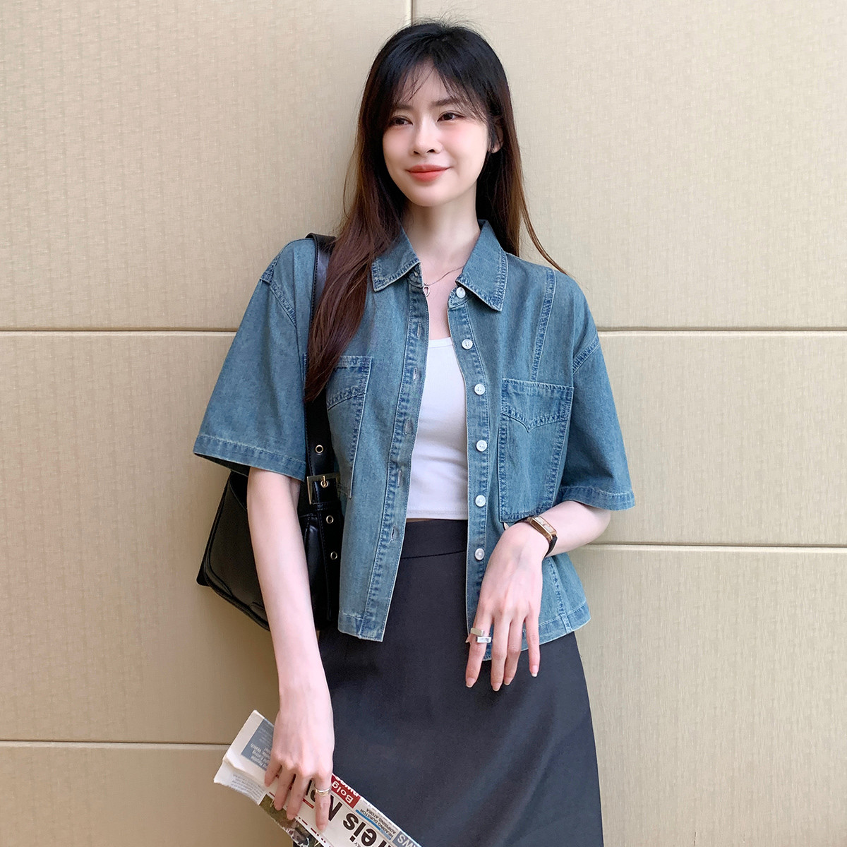[1.5折价67元]唐狮夏季女翻领大口袋牛仔短衬衫休闲减龄百搭通勤高级感韩版气质