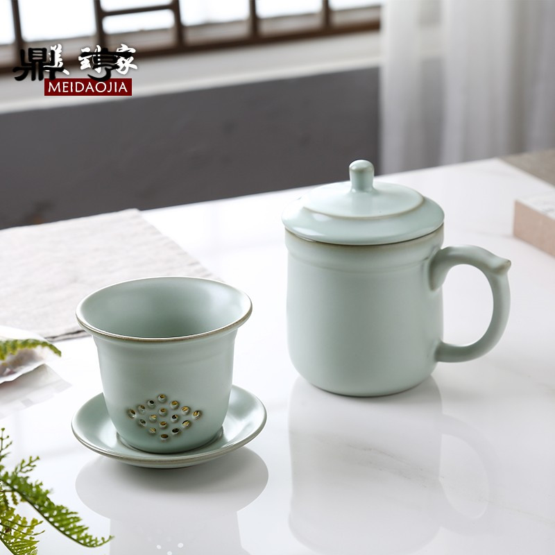 鼎亨汝窑茶杯 带盖过滤茶水分离办公杯陶瓷老板杯办公室喝茶泡茶