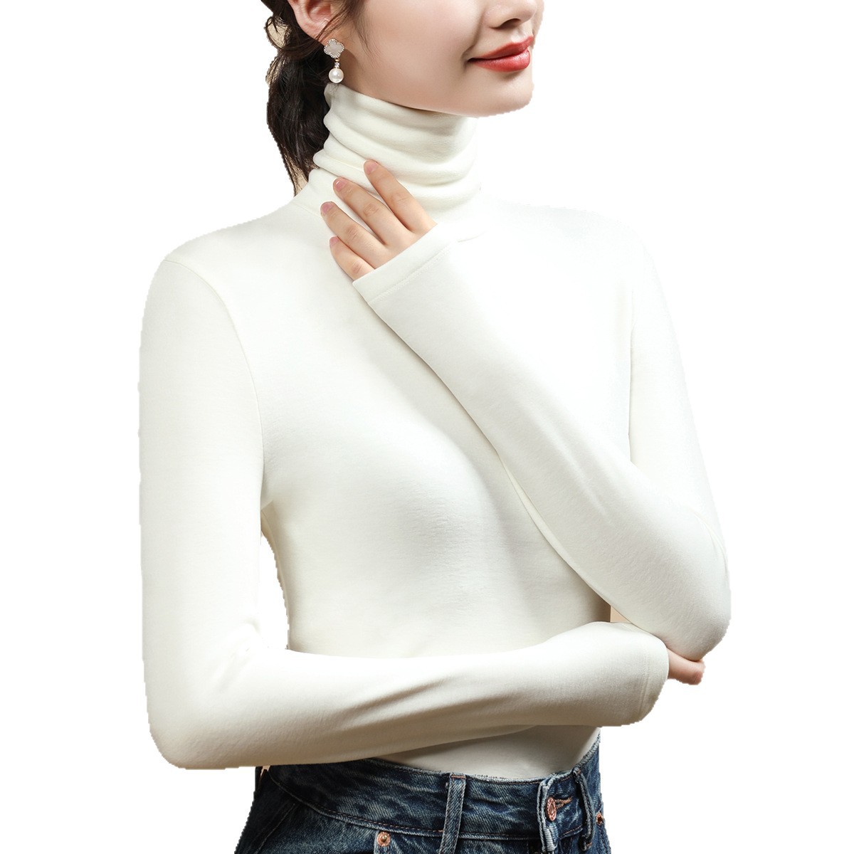 暖绒发热堆堆领打底衫女内穿蚕丝上衣含羊毛保暖内衣加绒厚秋衣冬高清大图