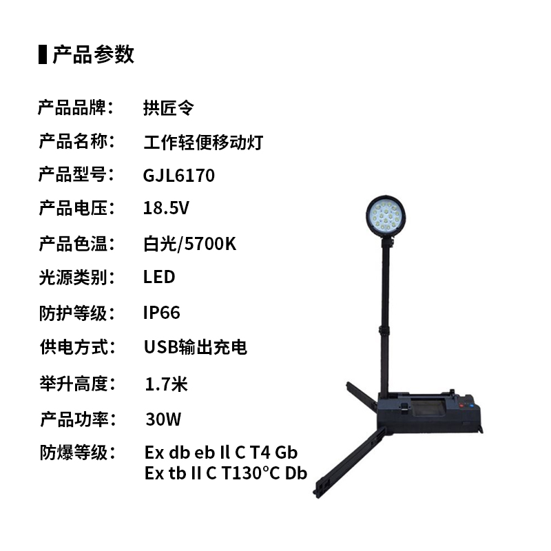 拱匠令 GJL6170 工作轻便移动灯 18.5V 30W IP66 LED USB输出充电(计价单位:台) 黑色高清大图