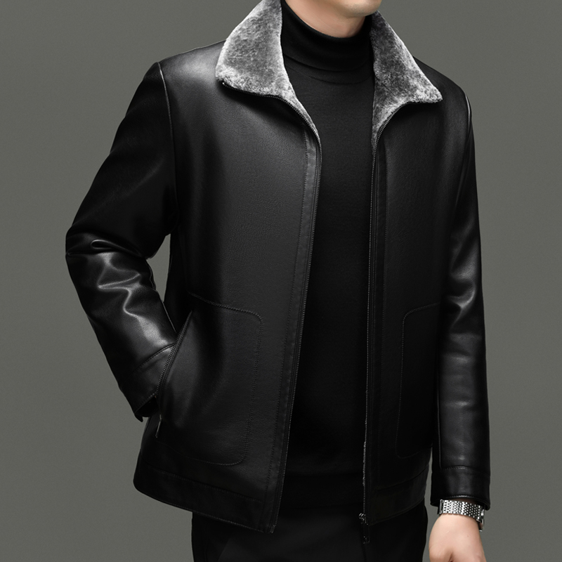 免费试穿 海宁真皮皮衣男士皮毛一体冬季绵羊皮翻领皮草加厚加绒皮夹克外套高端外套正品官方旗舰店高清大图