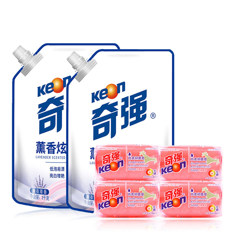 奇强薰香炫彩系列8斤低泡易漂洗环保节水去油污亮白洗衣液(自立袋)2kg*2袋 内衣皂100g*4块