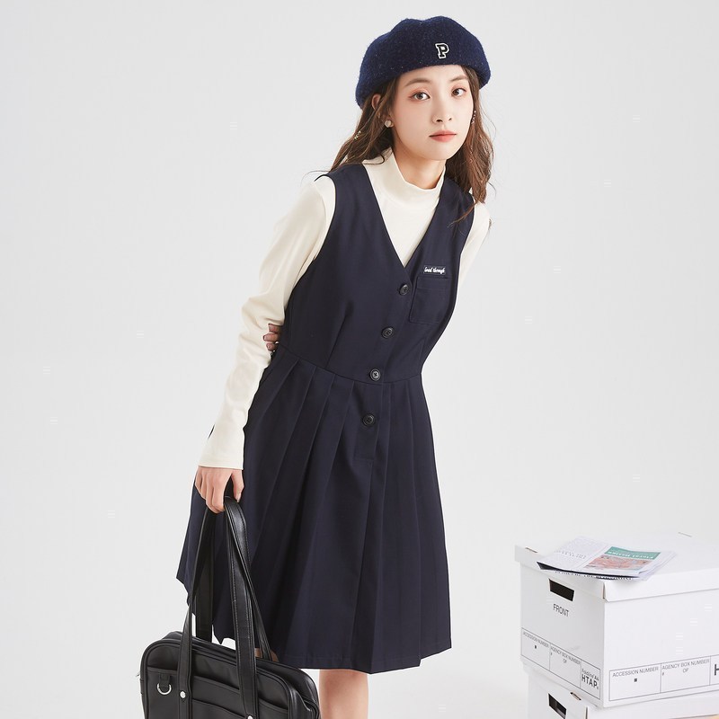 [2.5折价81.7元叠加优惠券]唐狮背心裙春装新款女装学院风学生a字百褶连衣裙