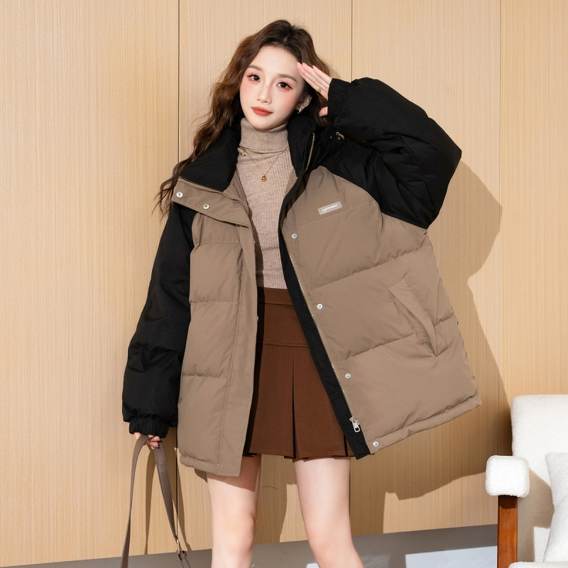 [2.5折价335元]唐狮冬装新款女连帽羽绒服新款拼色短款休闲面包服美拉德穿搭