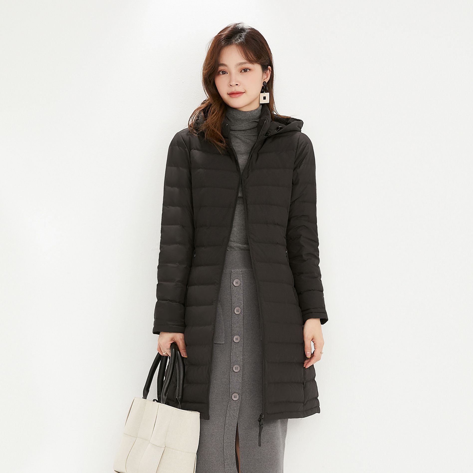 新款女式90绒纯色女装连帽带帽无缝羽绒服中长款大码外套_751031 黑色 XL